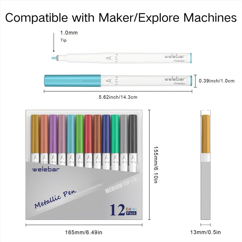 welebar 12 Pack Metallic Pen Set, Compatible with Cricut Maker 3/Maker 4/Maker/Explore 3/Explore 4/Air 2/Air, Metallic Ink Markers for Writing, Drawing, Invitations, Envelope, DIY Crafts - Image 2